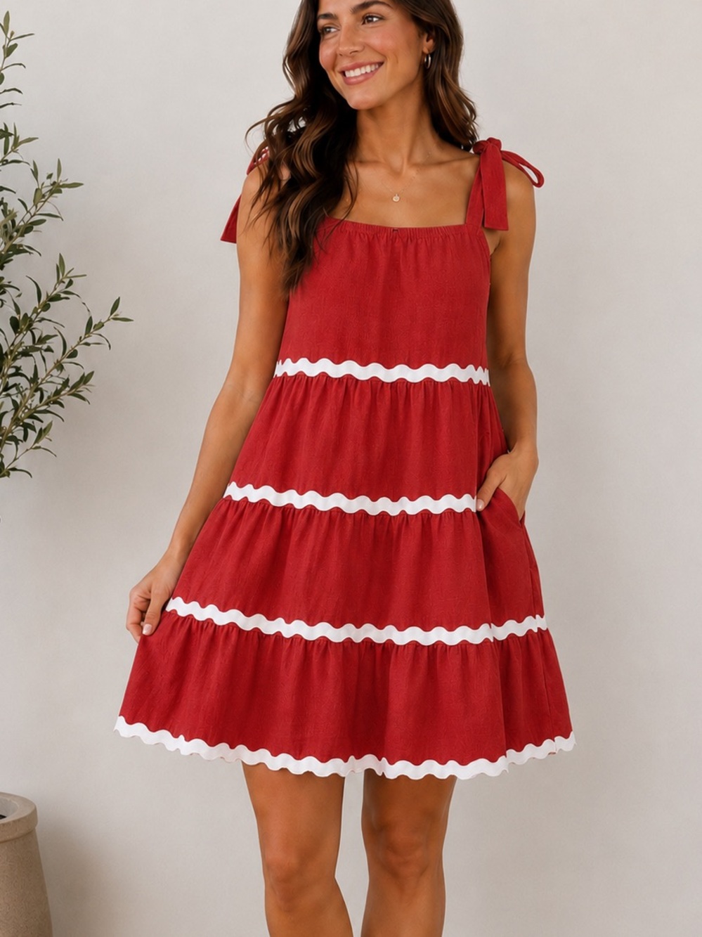 Zessica Red Ric Rac Tiered Summer Mini Dress 100% Viscose